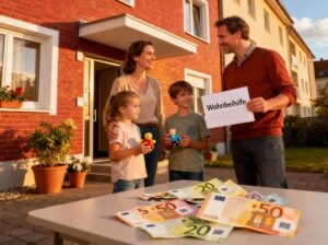 Obitelj u Austriji prima novčanu pomoć za stanovanje (Wohnbeihilfe), stoji ispred austrijske stambene zgrade s euro novčanicama, nasmijana i zadovoljna.