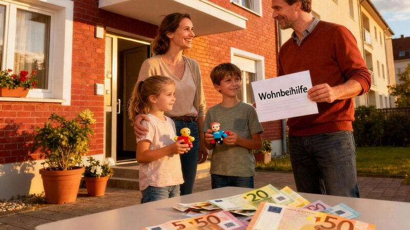 Obitelj u Austriji prima novčanu pomoć za stanovanje (Wohnbeihilfe), stoji ispred austrijske stambene zgrade s euro novčanicama, nasmijana i zadovoljna.