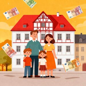 Obitelj u Njemačkoj prima novčanu pomoć za stanovanje (Wohngeld), stoji ispred zgrade s eurima u rukama i sretna lica