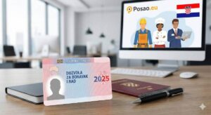 Nova hrvatska dozvola za boravak i rad s oznakom 2025 na uredskom stolu uz putovnicu i ekran s Posao.eu logom.