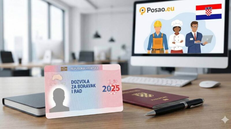 Nova hrvatska dozvola za boravak i rad s oznakom 2025 na uredskom stolu uz putovnicu i ekran s Posao.eu logom.