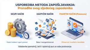 Ilustracija usporedbe tri načina zapošljavanja: skupi portali, kaotične društvene mreže i efikasna platforma Posao.eu.