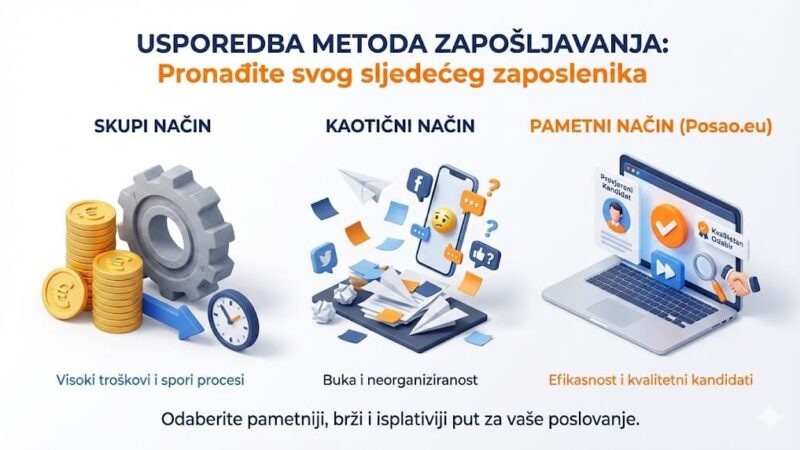 Ilustracija usporedbe tri načina zapošljavanja: skupi portali, kaotične društvene mreže i efikasna platforma Posao.eu.