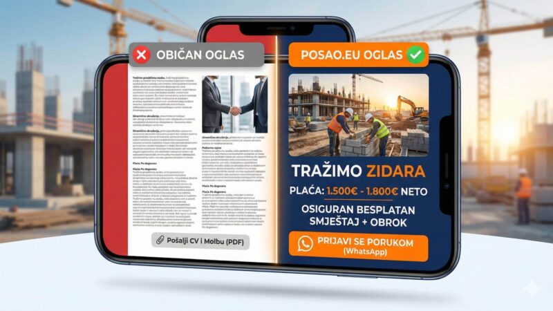 Infografika na mobitelu koja uspoređuje loš, pretrpan oglas za posao s nejasnom plaćom i dobar, jasan oglas s istaknutom neto plaćom, smještajem i WhatsApp prijavom.