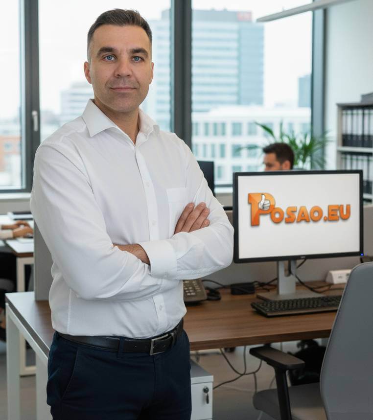 Osnivač platforme Posao.eu Tomanić na terenu, simbolizirajući iskustvo rada u inozemstvu i razumijevanje radničkih problema.