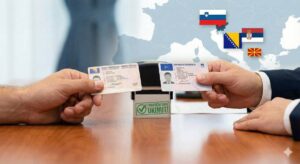Usporedba vozačke dozvole Bosne i Hercegovine i slovenske EU vozačke dozvole s tekstom Slovenija priznala dozvole iz BiH. Lijevo ruka drži BiH dozvolu, desno slovensku dozvolu, u pozadini zamućen kamion na autocesti.