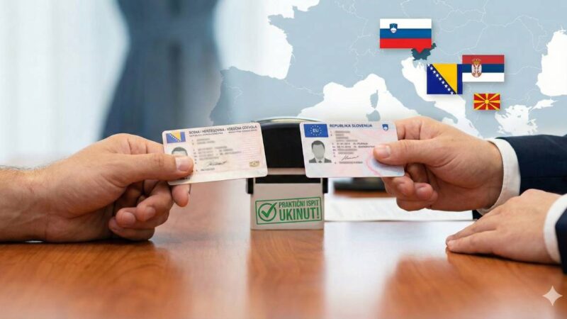 Usporedba vozačke dozvole Bosne i Hercegovine i slovenske EU vozačke dozvole s tekstom Slovenija priznala dozvole iz BiH. Lijevo ruka drži BiH dozvolu, desno slovensku dozvolu, u pozadini zamućen kamion na autocesti.