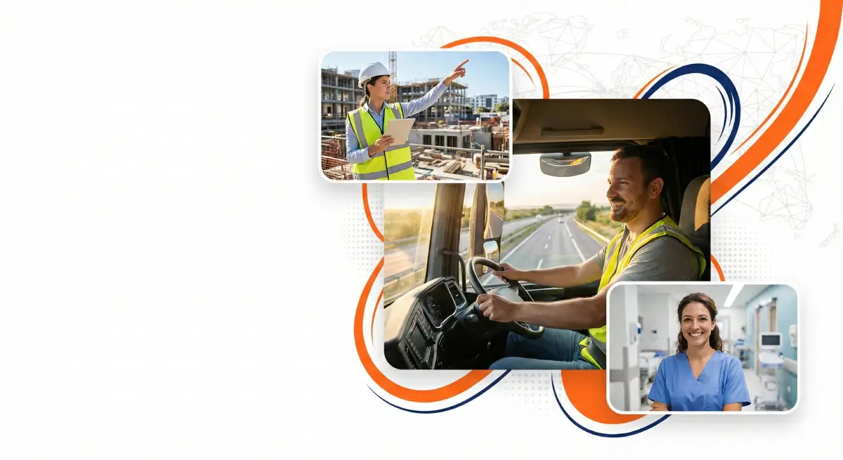 Kolaž zadovoljnih radnika (vozač, inženjerka, medicinska sestra) koji predstavlja najveći izbor poslova u regiji i EU dostupan na portalu Posao.eu.