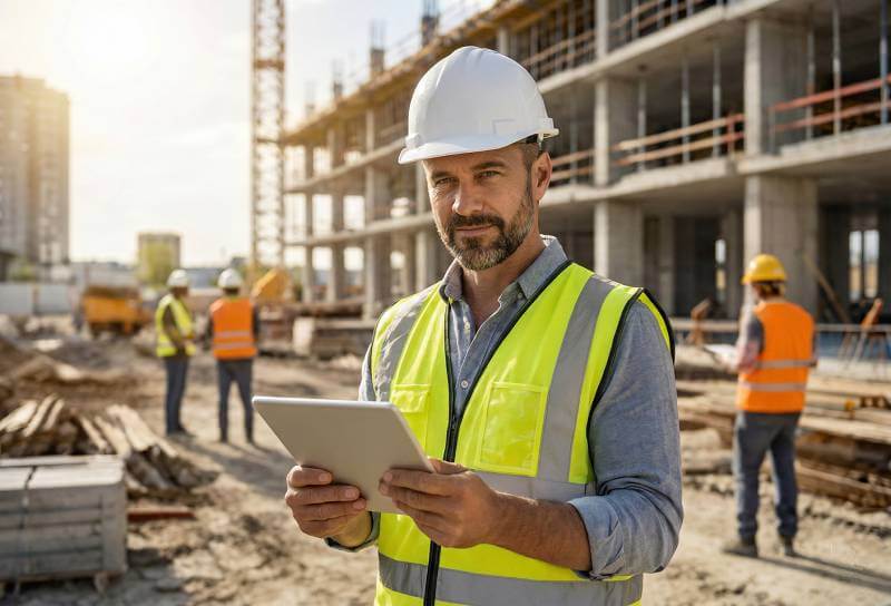 Voditelj gradilišta na terenu koristi tablet za pregled profila radnika i brzo zapošljavanje putem Posao.eu platforme.