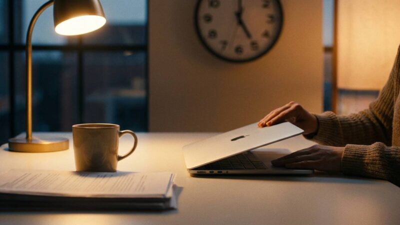 Radnik zatvara laptop tačno u 5 sati, simbolizirajući "Act Your Wage" trend i postavljanje granica između posla i privatnog života.