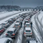Duga kolona automobila čeka na graničnom prijelazu po tmurnom danu, prikazujući velike gužve uzrokovane uvođenjem EES sustava u EU.