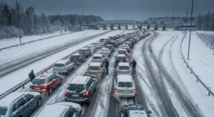 Duga kolona automobila čeka na graničnom prijelazu po tmurnom danu, prikazujući velike gužve uzrokovane uvođenjem EES sustava u EU.