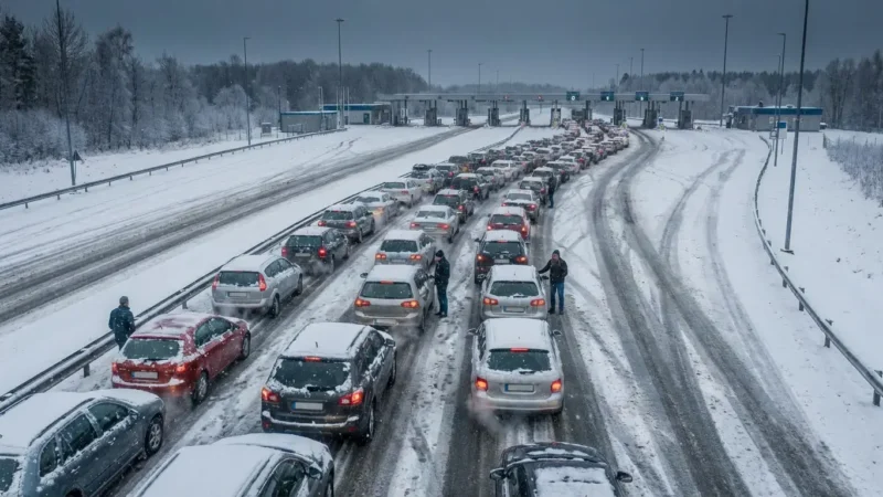 Duga kolona automobila čeka na graničnom prijelazu po tmurnom danu, prikazujući velike gužve uzrokovane uvođenjem EES sustava u EU.