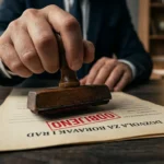 Ruka udara crveni pečat s natpisom "ODBIJENO" na zahtjev za radnu dozvolu za strane radnike u Hrvatskoj, kao simbol pada broja izdanih dozvola u 2025. godini.