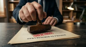 Ruka udara crveni pečat s natpisom "ODBIJENO" na zahtjev za radnu dozvolu za strane radnike u Hrvatskoj, kao simbol pada broja izdanih dozvola u 2025. godini.