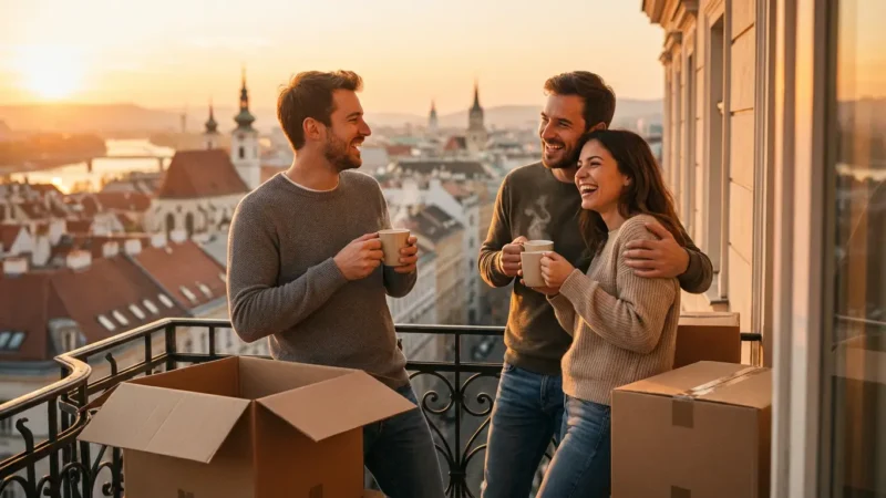 Mladi par pije kafu na balkonu svog novog stana u Beču, simbol uspješne selidbe u Austriju i novog početka.